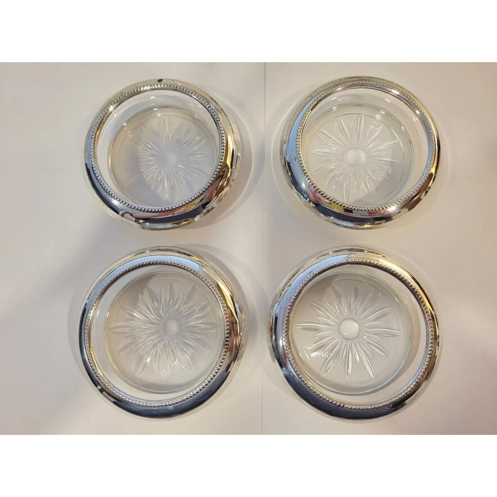 4 Sterling Silver Rimmed Glass Coaster Frank M. Whiting & Co Model 04 Starburst